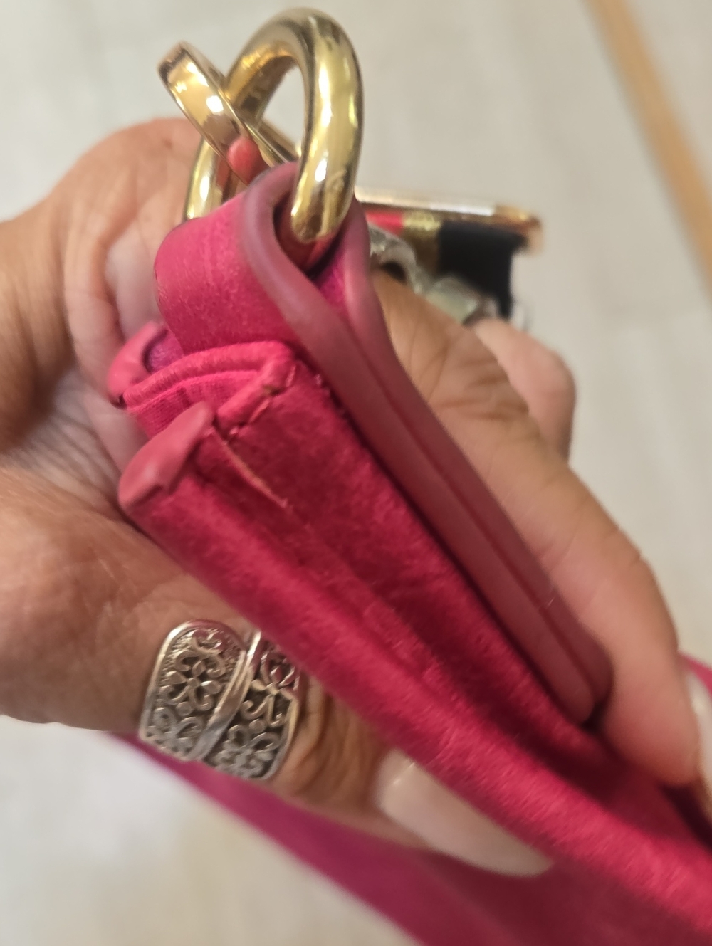 Ahdorned Pink Vegan Leather Crossbody Messenger Bag with Colorblock Strap - Picture 12 of 13
